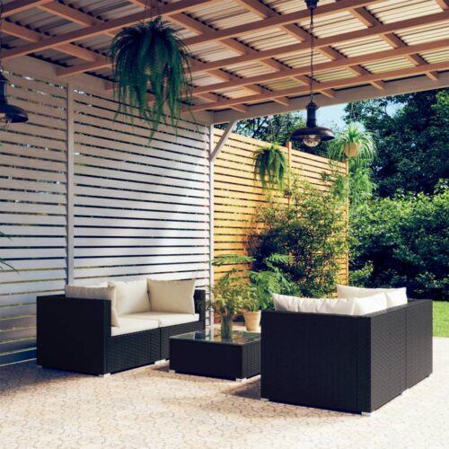 5-Piece Garden Lounge Set with Cushions Poly Rattan Wicker Outdoor Patio Furniture Black - Image 10