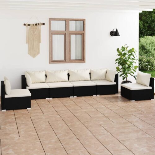 6-Piece Garden Lounge Set with Cushions Poly Rattan Wicker Outdoor Patio Furniture Black - Image 10