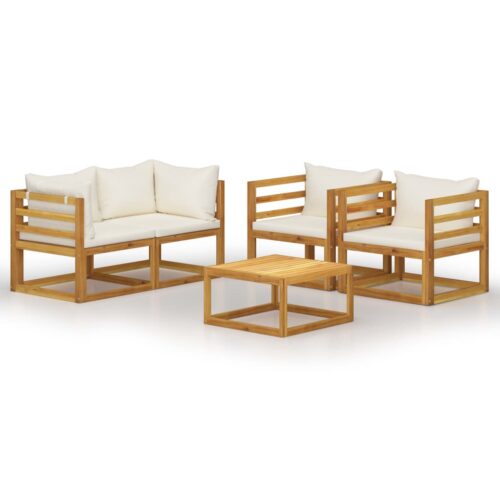 5-Piece Garden Lounge Set with Cushion Cream Acacia Wood Timber Outdoor Patio Furniture