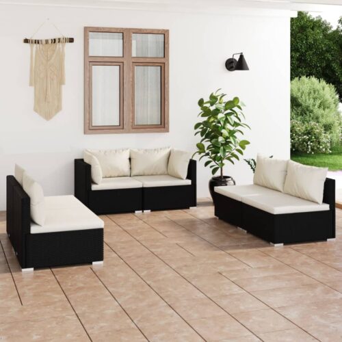 6-Piece Garden Lounge Set with Cushions Poly Rattan Wicker Outdoor Patio Furniture Black - Image 10