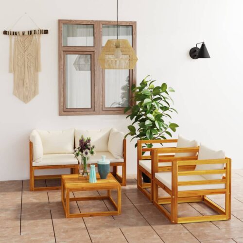 5-Piece Garden Lounge Set with Cushion Cream Acacia Wood Timber Outdoor Patio Furniture - Image 12
