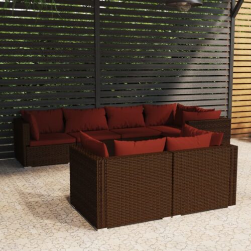 7-Piece Garden Lounge Set with Cushions Brown Poly Rattan Wicker Outdoor Patio Furniture - Image 8