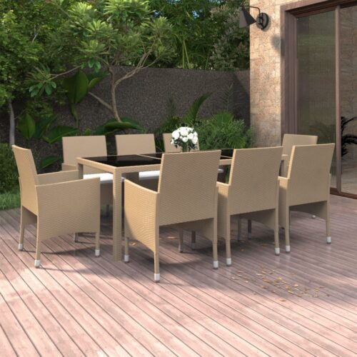 9-Piece Garden Dining Set Poly Rattan Wicker Outdoor Patio Furniture Beige - Image 9