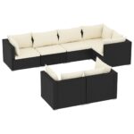 7-Piece Garden Lounge Set with Cushions Black Poly Rattan Wicker Outdoor Patio Furniture