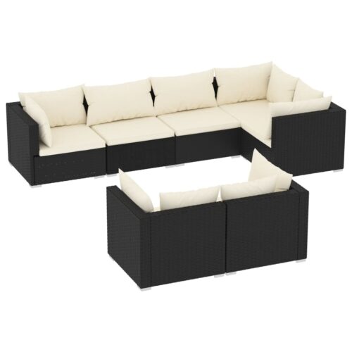 7-Piece Garden Lounge Set with Cushions Black Poly Rattan Wicker Outdoor Patio Furniture