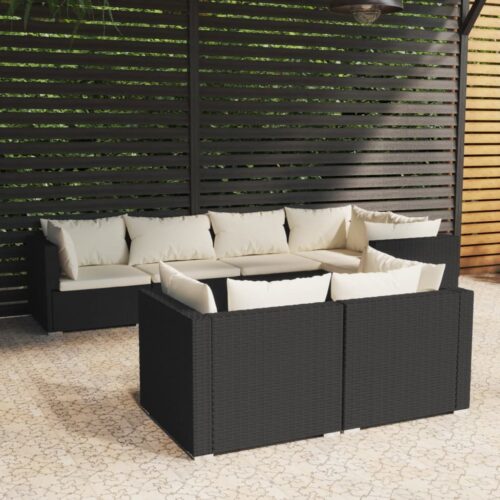 7-Piece Garden Lounge Set with Cushions Black Poly Rattan Wicker Outdoor Patio Furniture - Image 8