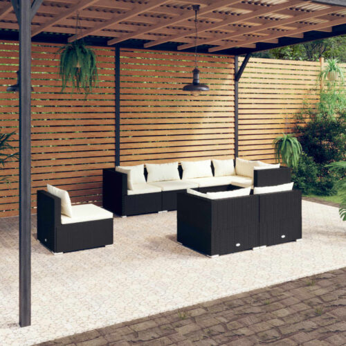 8-Piece Garden Lounge Set with Cushions Poly Rattan Wicker Outdoor Patio Furniture Black - Image 2