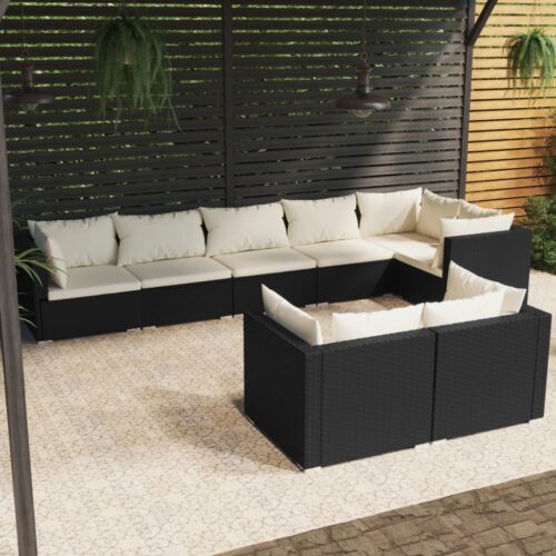 8-Piece Garden Lounge Set with Cushions Black Poly Rattan Wicker Outdoor Patio Furniture - Image 8
