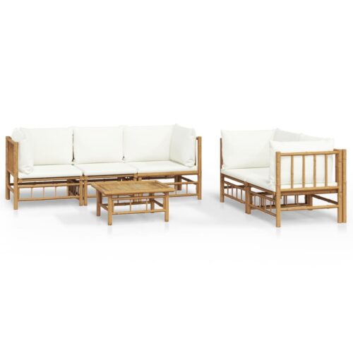 6-Piece Garden Lounge Set with Cream White Cushions Bamboo