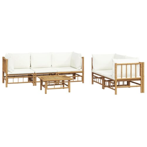 6-Piece Garden Lounge Set with Cream White Cushions Bamboo - Image 3