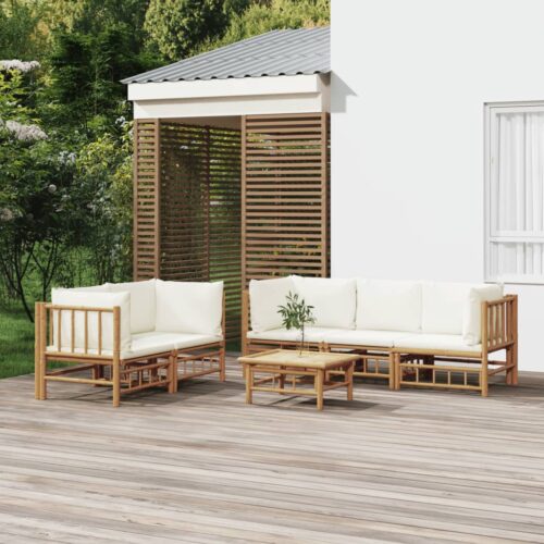 6-Piece Garden Lounge Set with Cream White Cushions Bamboo - Image 10