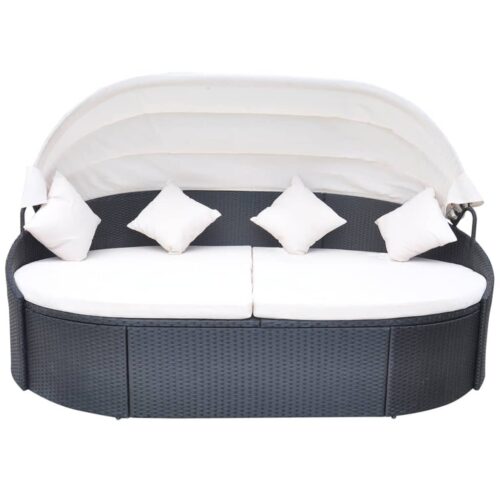 Outdoor Lounge Bed with Canopy Poly Rattan Black - Image 2