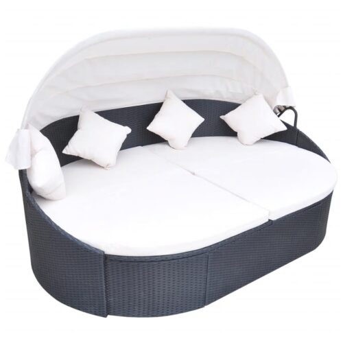 Outdoor Lounge Bed with Canopy Poly Rattan Black - Image 6