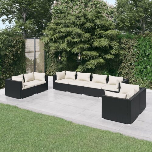 8-Piece Garden Lounge Set with Cushions Poly Rattan Wicker Outdoor Patio Furniture Black - Image 2