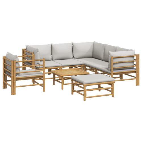 8-Piece Garden Lounge Set with Light Grey Cushions Bamboo - Image 3
