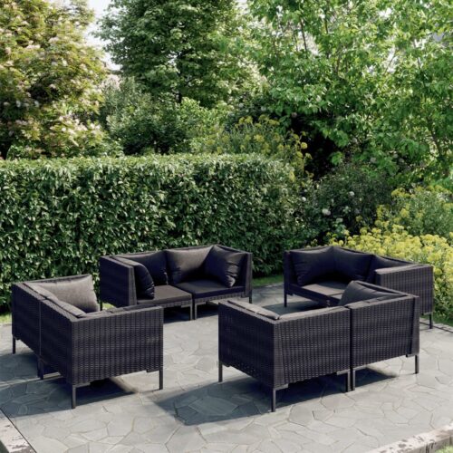 8-Piece Garden Lounge Set with Cushions Poly Rattan Wicker Outdoor Patio Furniture Dark Grey - Image 7