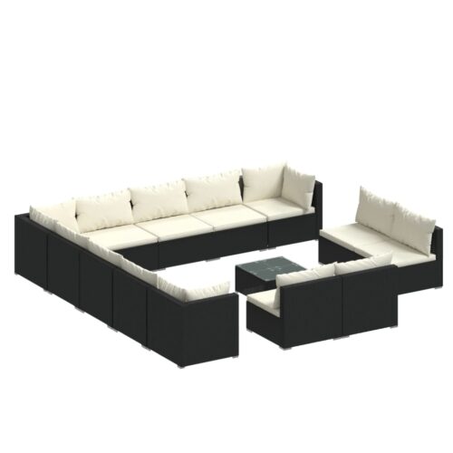 14-Piece Garden Lounge Set with Cushions Black Poly Rattan Wicker Outdoor Patio Furniture