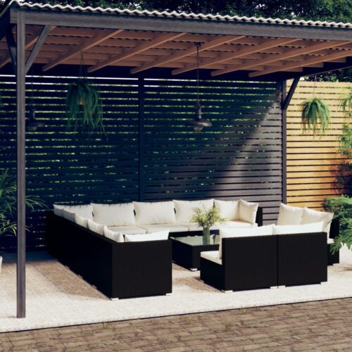 14-Piece Garden Lounge Set with Cushions Black Poly Rattan Wicker Outdoor Patio Furniture - Image 12