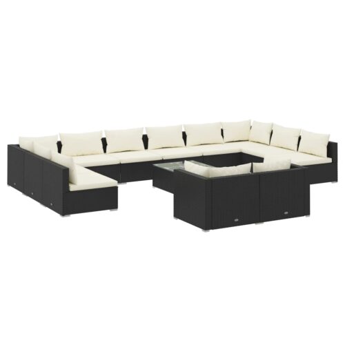 13-Piece Garden Lounge Set with Cushions Black Poly Rattan Wicker Outdoor Patio Furniture