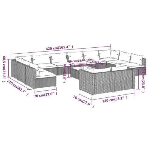 13-Piece Garden Lounge Set with Cushions Black Poly Rattan Wicker Outdoor Patio Furniture - Image 9