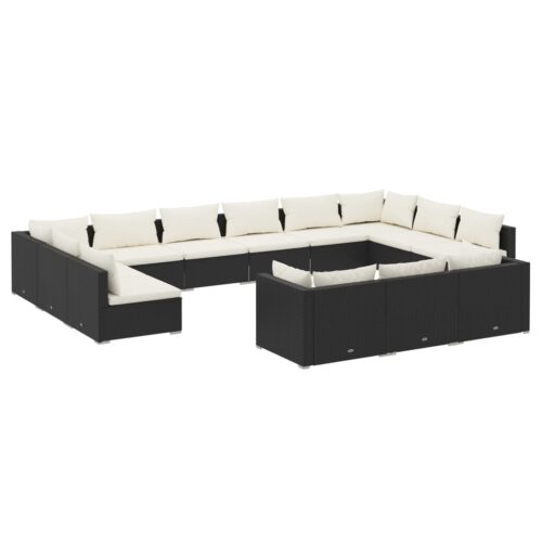 13-Piece Garden Lounge Set with Cushions Black Poly Rattan Wicker Outdoor Patio Furniture