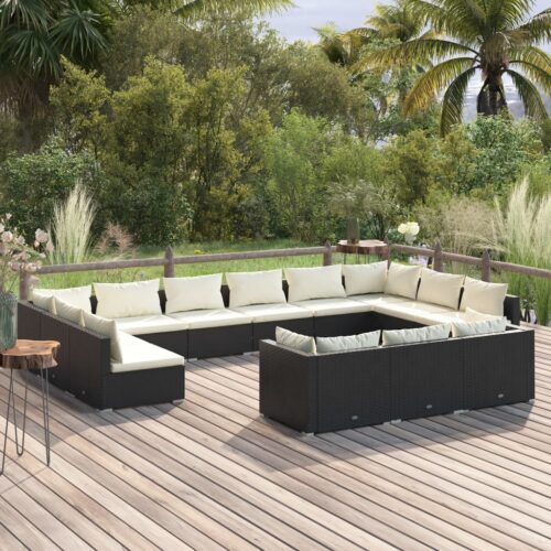 13-Piece Garden Lounge Set with Cushions Black Poly Rattan Wicker Outdoor Patio Furniture - Image 9