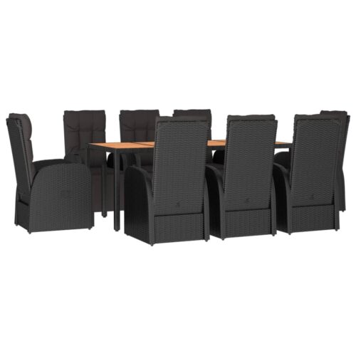 9-Piece Garden Dining Set Black Poly Rattan Wicker Outdoor Patio Furniture&Solid Wood Acacia - Image 3