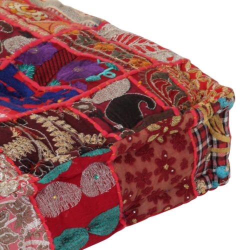 Patchwork Pouffe Square Cotton Handmade 50x50x12cm Red - Image 2