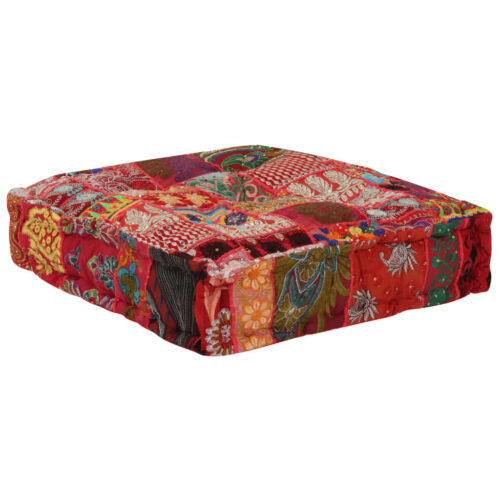 Patchwork Pouffe Square Cotton Handmade 50x50x12cm Red - Image 3