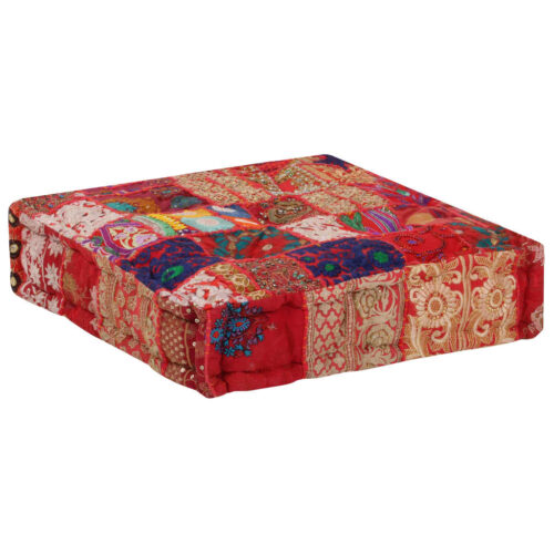 Patchwork Pouffe Square Cotton Handmade 50x50x12cm Red - Image 4