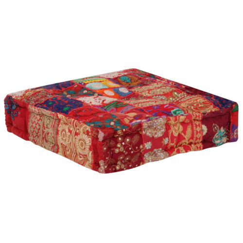 Patchwork Pouffe Square Cotton Handmade 50x50x12cm Red - Image 5