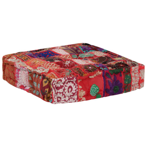 Patchwork Pouffe Square Cotton Handmade 50x50x12cm Red - Image 6