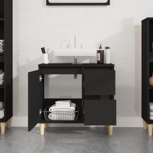 Wooden Bathroom Cabinet Storage Unit Wash Sink Drawers Shelf Black 65x33x60cm - Image 3