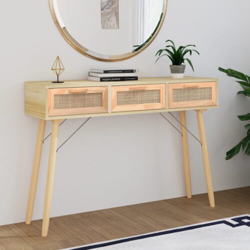 Console Table Brown 105x30x75cm Solid Wood Pine Natural Rattan