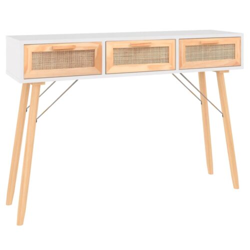 Console Table White 105x30x75cm Solid Wood Pine Natural Rattan - Image 2
