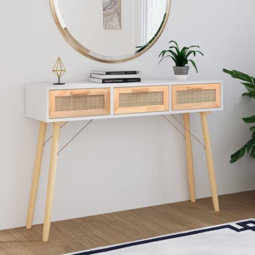 Console Table White 105x30x75cm Solid Wood Pine Natural Rattan - Image 8