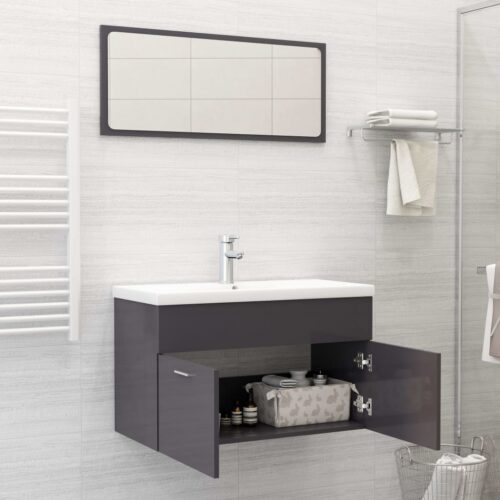 2-Piece Bathroom Furniture Set High Gloss Grey Engineered Wood - Image 3