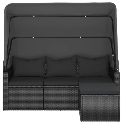 3-Seater Garden Sofa with Roof Footstool Black Poly Rattan - Image 3