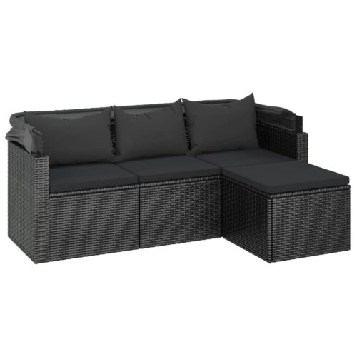 3-Seater Garden Sofa with Roof Footstool Black Poly Rattan - Image 6