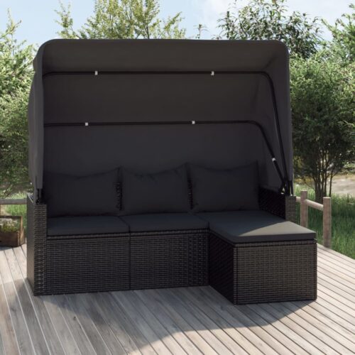 3-Seater Garden Sofa with Roof Footstool Black Poly Rattan - Image 12