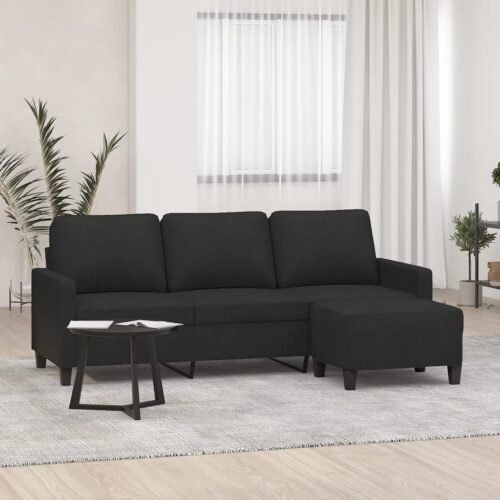 3-Seater Sofa Ottoman Set Lounge Couch Futon Foot Stool Chair Fabric Black 180cm - Image 8