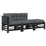 3-Piece Garden Lounge Set with Cushions Black Wood Timber Outdoor Patio Furniture