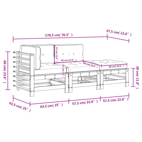 3-Piece Garden Lounge Set with Cushions Black Wood Timber Outdoor Patio Furniture - Image 9