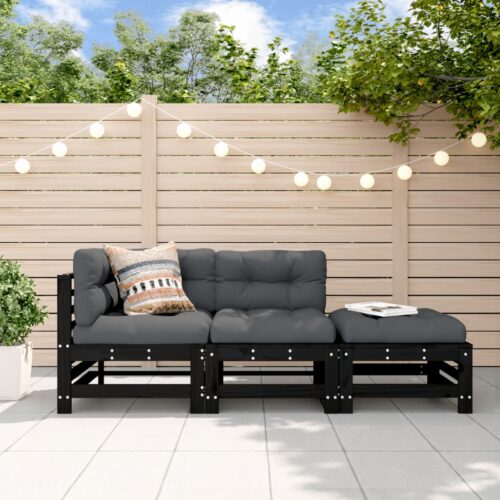 3-Piece Garden Lounge Set with Cushions Black Wood Timber Outdoor Patio Furniture - Image 10