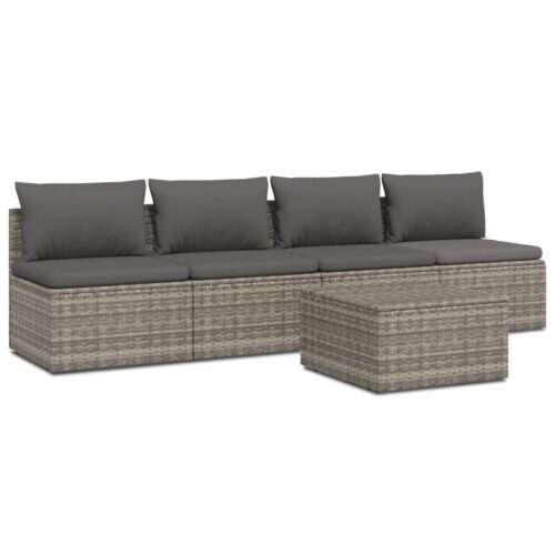 5-Piece Garden Lounge Set with Cushions Grey Poly Rattan Wicker Outdoor Patio Furniture