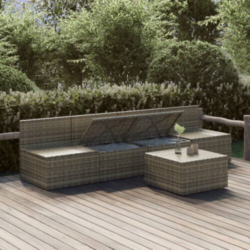5-Piece Garden Lounge Set with Cushions Grey Poly Rattan Wicker Outdoor Patio Furniture - Image 3