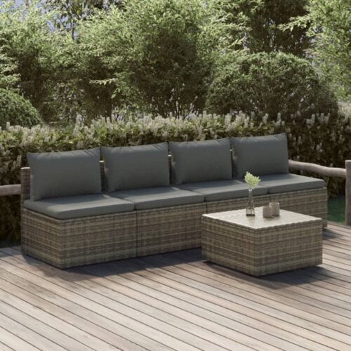 5-Piece Garden Lounge Set with Cushions Grey Poly Rattan Wicker Outdoor Patio Furniture - Image 9
