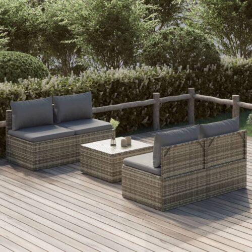 5-Piece Garden Lounge Set with Cushions Grey Poly Rattan Wicker Outdoor Patio Furniture - Image 9