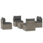 5-Piece Garden Lounge Set with Cushions Grey Poly Rattan Wicker Outdoor Patio Furniture