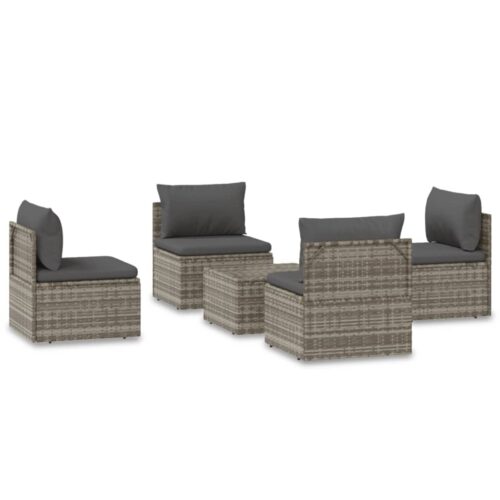 5-Piece Garden Lounge Set with Cushions Grey Poly Rattan Wicker Outdoor Patio Furniture
